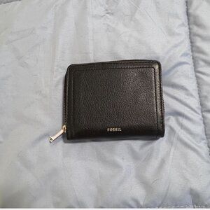 Fossil Black Leather Zip-Around Wallet with Gold Logo